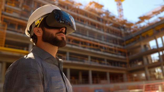 A man wears a virtual reality headset while standing at a construction site. photo