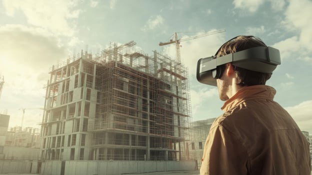 A person wearing virtual reality goggles observes a new building under construction in a bustling urban area. photo