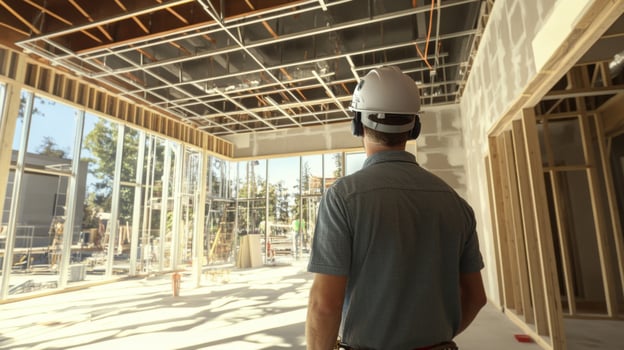 A construction manager evaluates the progress of a building project inside a framework. Natural light fills the space, highlighting the unfinished structure and ongoing work. photo