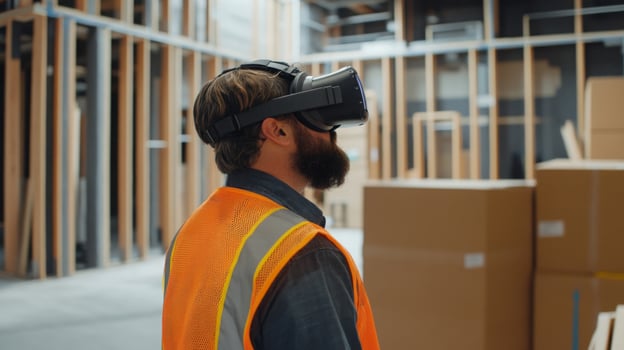 A construction worker wearing a virtual reality headset experiences an immersive environment on a construction site. photo