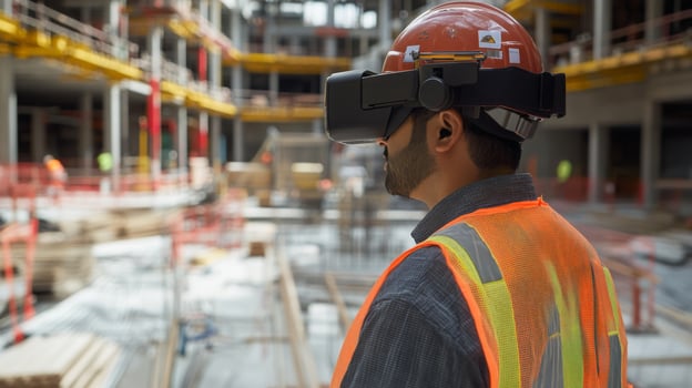 A construction worker utilizing virtual reality equipment on a busy job site. The worker is focused on the digital overlay of building plans as colleagues work on various tasks in the background. photo