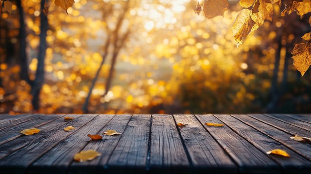 A wooden table with leaves on it photo