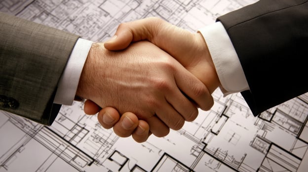 Two individuals shake hands before a blueprint, representing a partnership in real estate enhanced by AI to boost efficiency and decision-making. photo