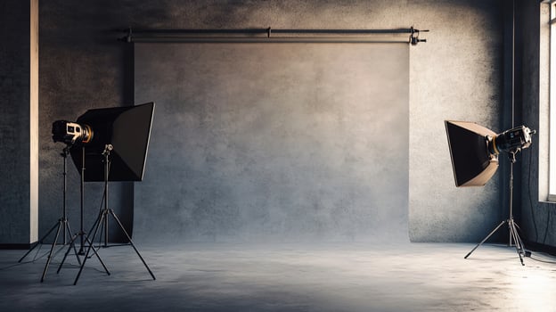 A studio with two lighting setups and a blank wall photo