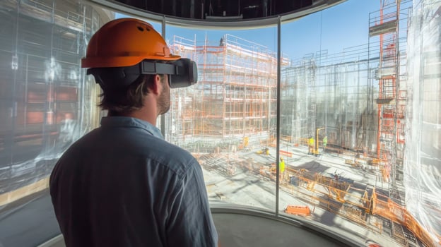A professional wearing a virtual reality headset observes a construction site through panoramic screens. photo
