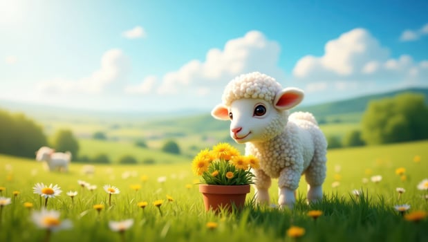 A cute cartoon lamb stands beside a pot of flowers in a sunny meadow. photo