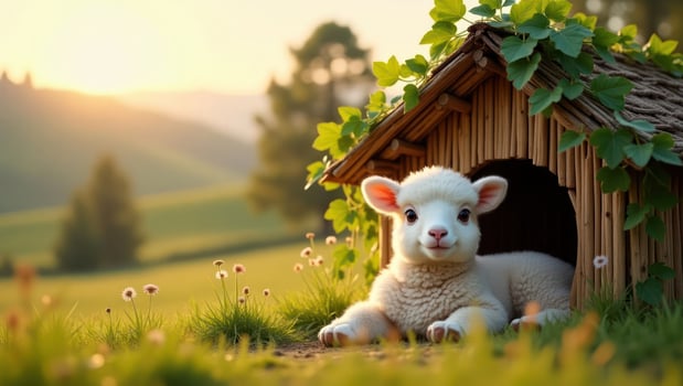 A cute lamb resting outside a cozy wooden shelter in a serene landscape at sunset. photo