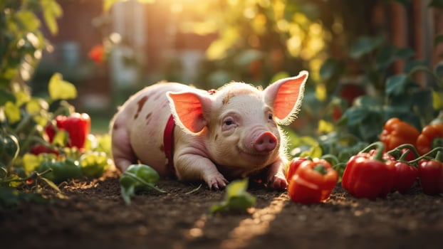 A piglet resting among ripe vegetables in a sunlit garden. photo