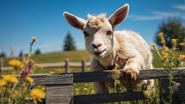A playful goat peeking over a wooden fence amidst vibrant flowers and a clear blue sky. photo