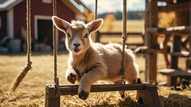 A playful goat on a swing in a sunny farm setting. photo