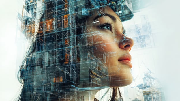 A woman contemplates the future of real estate as digital images of buildings overlay her profile. This representation illustrates the intersection of technology and property management. photo