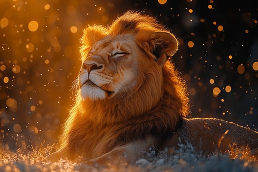 A lion is sitting in the grass with the sun shining photo
