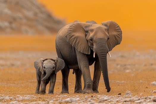 An elephant and her baby walking through the desert photo
