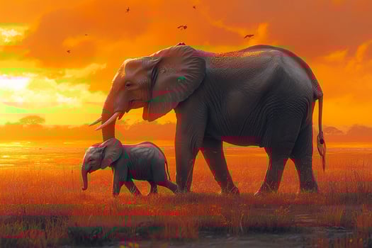 An elephant and her baby walk through a field at sunset photo