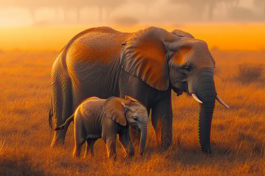 An elephant and a baby elephant are walking in the grass photo