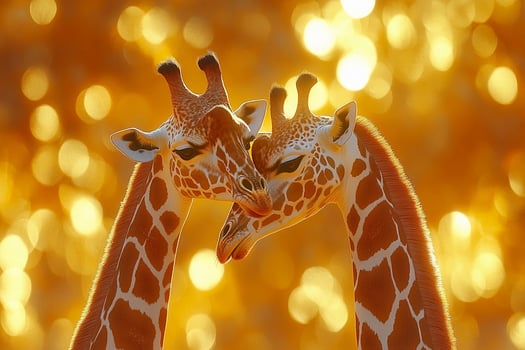 Two giraffes are kissing in front of a golden background photo