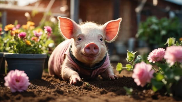 A cute piglet in a garden surrounded by colorful flowers. photo