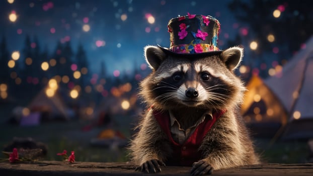 A raccoon wearing a colorful hat and vest, set against a festive camp scene. photo