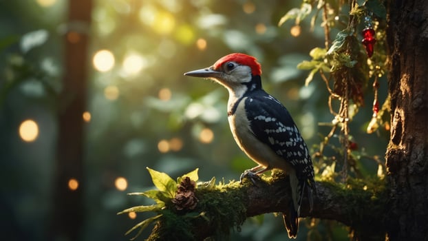 A woodpecker perched on a branch in a lush, sunlit forest, surrounded by greenery. photo