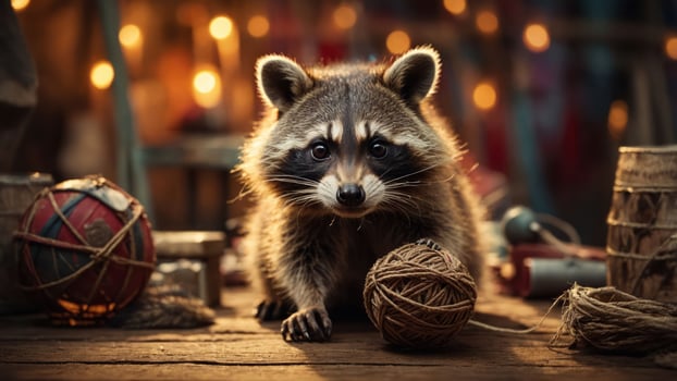 A raccoon curiously interacts with a ball of twine amidst a cozy, cluttered setting. photo