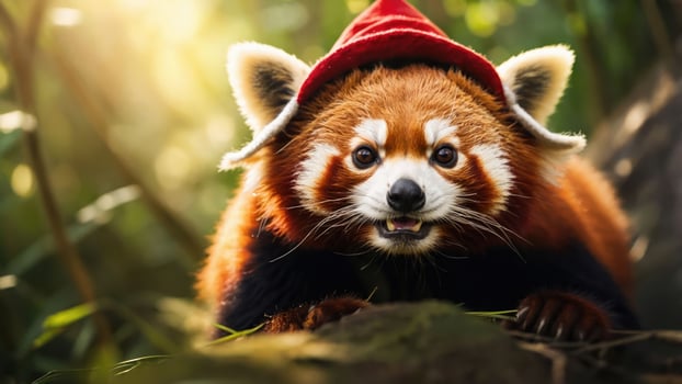 A red panda wearing a festive hat, captured in a vibrant, natural setting. photo
