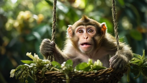 A cute monkey sitting in a woven basket surrounded by greenery. photo