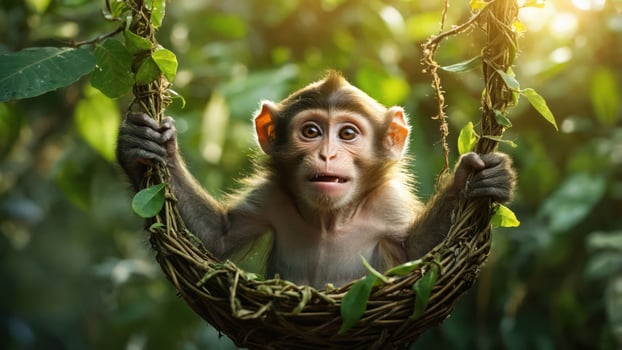 A young monkey sitting in a nest-like swing, surrounded by lush greenery in a vibrant forest. photo