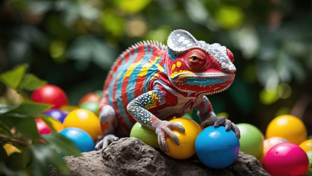 A colorful chameleon perched on rocks surrounded by vibrant plastic eggs. photo