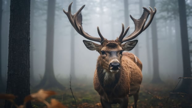 A majestic deer stands in a misty forest, showcasing nature's beauty and tranquility. photo