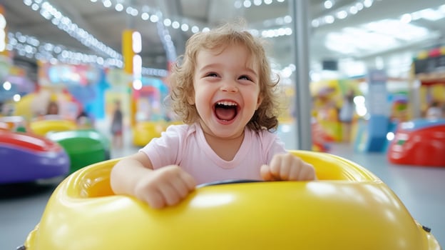 A happy toddler laughs and has fun on a bumper car photo