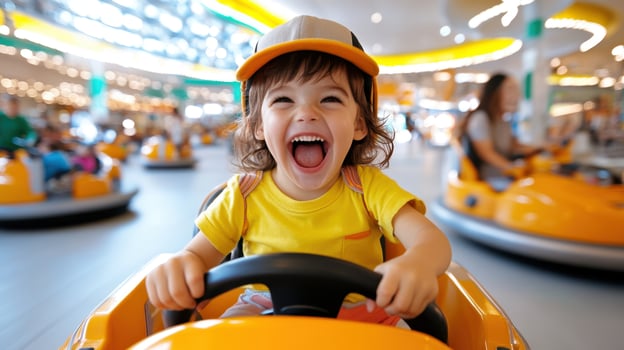 Happy toddler laughs and has fun on a bumper car photo