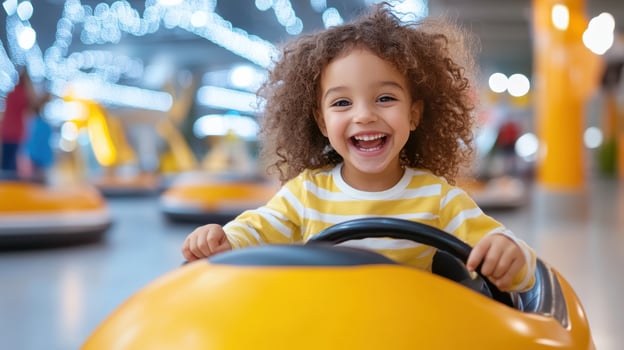 A happy toddler laughs and has fun on a bumper car photo