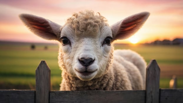 A close-up of a curious lamb at sunset, framed by a wooden fence in a lush landscape. photo