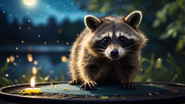 A curious raccoon sits on a table beside a candle in a serene, moonlit environment. photo
