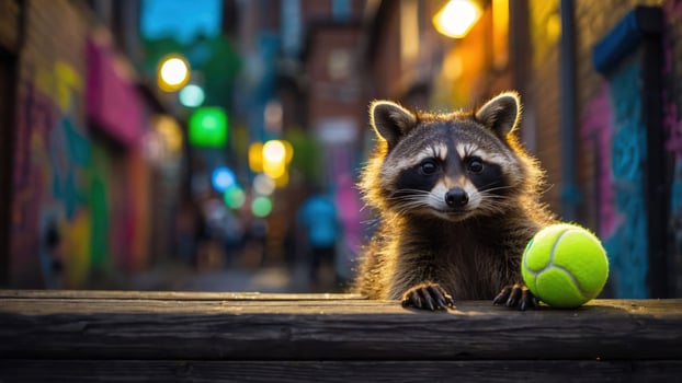 A raccoon sits on a wooden ledge beside a tennis ball in a colorful urban alleyway. photo
