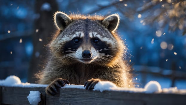 A raccoon perched on a snowy fence, surrounded by a serene winter landscape. photo