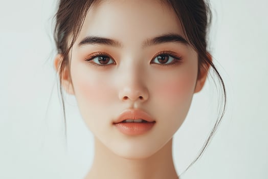 A beautiful young woman with brown eyes and a pink blush photo