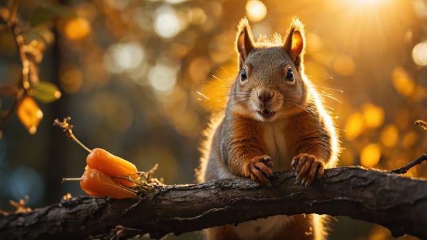 A close-up of a squirrel on a branch with a pepper, illuminated by warm sunlight. photo
