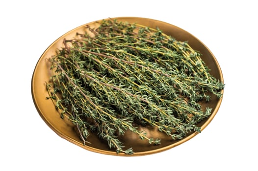 Herb thyme, fresh sprigs in plate isolated on white background. top view photo