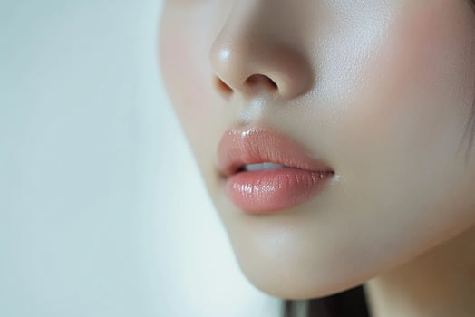 A close up of a woman's face with a pink lip photo