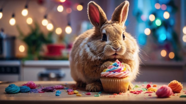 A fluffy rabbit sits beside a colorful cupcake, creating a whimsical and festive atmosphere. photo