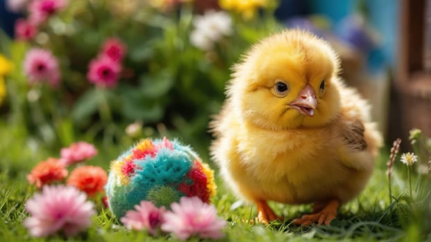 A cute yellow chick stands among colorful flowers and a decorated egg in a vibrant garden. photo
