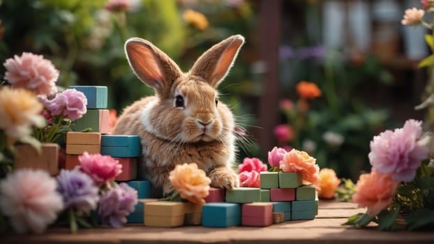 A cute rabbit surrounded by colorful blocks and flowers in a vibrant garden setting. photo