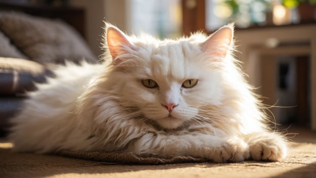 A fluffy white cat lounging in warm sunlight, exuding tranquility and comfort. photo