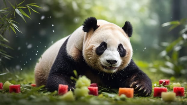 A panda surrounded by colorful fruit in a lush, green environment. photo