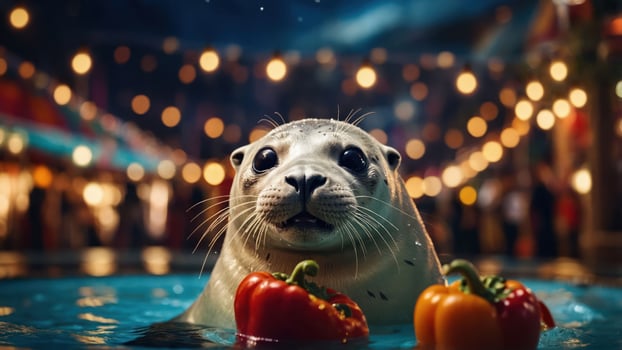 A seal in a pool holds colorful peppers, set against a festive background with lights. photo