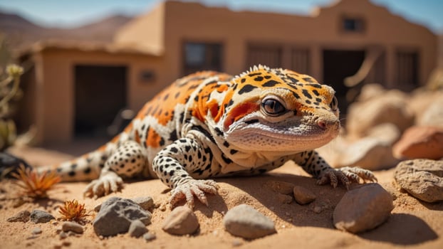 A close-up of a vibrant leopard gecko on rocky terrain with a rustic building in the background. photo