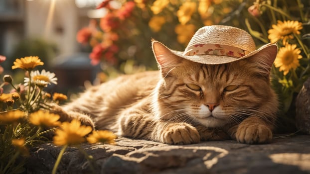 A relaxed cat wearing a straw hat, lounging among colorful flowers in warm sunlight. photo