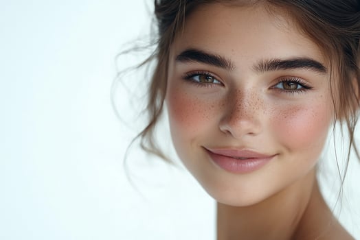A beautiful young woman with freckles on her face photo
