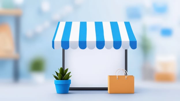 Smartphone screen displaying an online shopping store with a blue and white striped awning, shopping bag, and potted plant photo